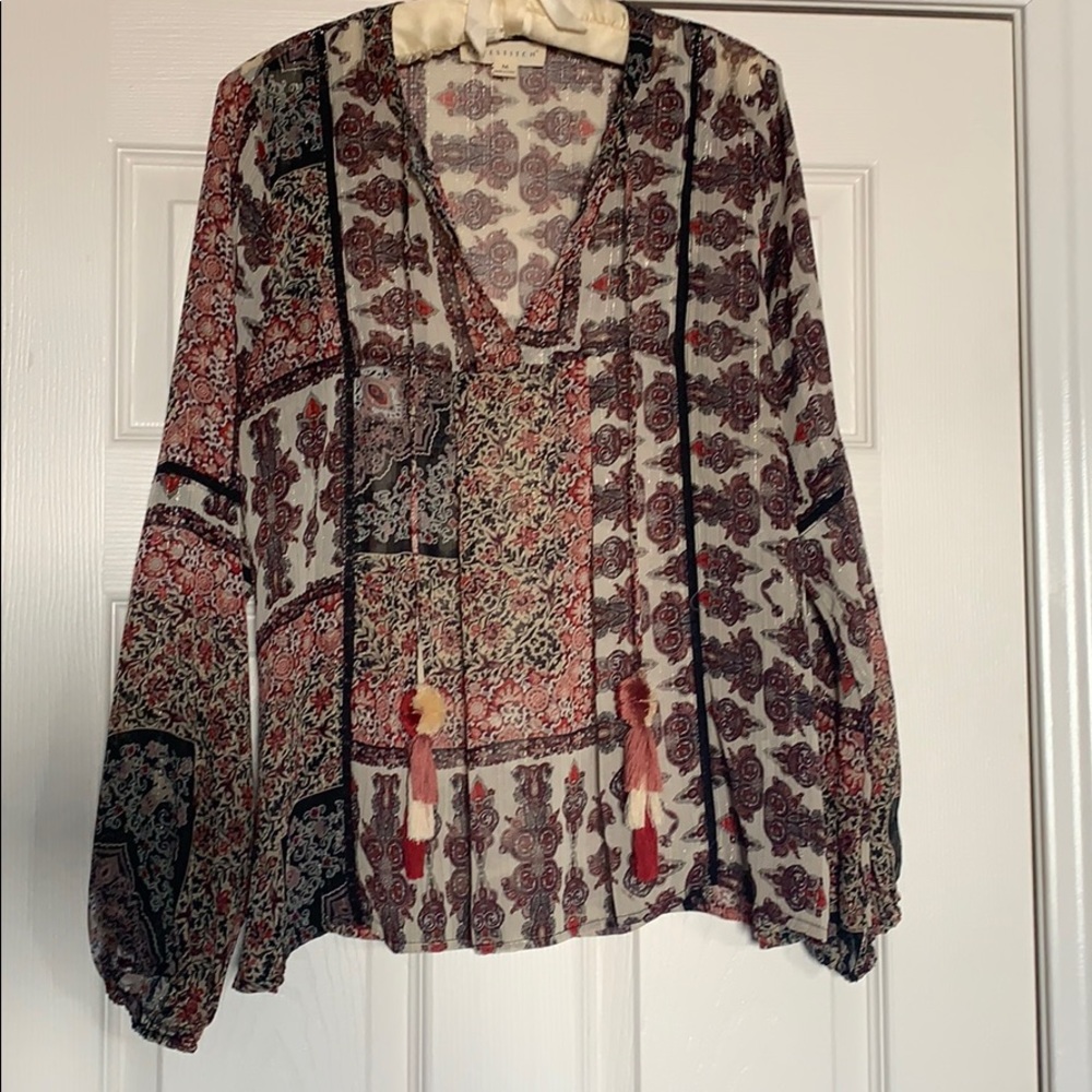 Boho Patchwork Printed Blouse With Tassels - image 1